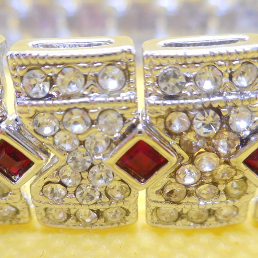 Faux Diamond & Ruby Pave Silvertone Estate Style … - image 3